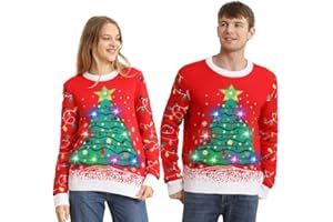 Kouric Jersey Navideño Luces,Jersey Navidad Mujer/Hombre con Estampado de Reno en la Nieve,Ugly Christmas Sweater,Jerseys Navideños,Suéter Navideño Pareja Gracioso,Christmas Jumper