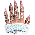 ELECDON Rings Sets, ELECDON Boho Retro Stackable Geometric Metal Ring for Teen Girls Women, Peak Sea Wave Compass Turquoise Rhinestone Knuckle Joint Finger Kunckle Nail Ring Sets (19 Pcs)