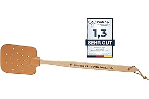 Neustanlo - Scacciamosche in legno e pelle – con scritta "Und ich Krieg Dich doch... – extra forte – con manico in legno e cinturino in pelle – 47,5 cm