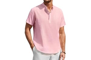 Enlision Chemise Lin Homme Manches Courtes Col Mao Chemise Été Hommes Leger en Coton Lin Chemise de Plage Classique Casual Henley Shirt S-4XL