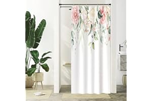 ‎UIIOOAZY Duschvorhang Eukalyptus, Uiiooazy Duschvorhang Schmal Grün Blätter Blumen Rosa Aquarell Duschvorhäng Anti Schimmel Wasserdicht Polyester Stoff Waschbar Bad Vorhang mit 6 Haken für Badewanne 90Bx180Hcm