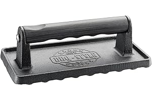 GEFU Fleischbeschwerer BBQ – Gusseisenpresse mit Holzgriff & Rillenstruktur | 1 kg Gewicht | Für Steak, Burger, Grill & Pfanne | Gleichmäßiges Garen