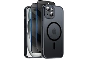 Qasyfanc Coque Magnétique pour iPhone 15 avec 2 Verre Trempé Anti-Espion, Compatible avec MagSafe, Étui Mat Translucide Arrière Housse Antichoc Anti-Rayures pour iPhone 15, Noir