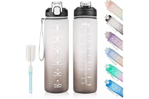 SNUGOME 1 Litre Motivational Fitness Sport Water Bottles with Straw & Time Maker, Leakproof BPA-free WITH Carry Strap Plastic Drink Bottle 1L Design for Girls, Boy Running,cycling (Black-White Gradient)