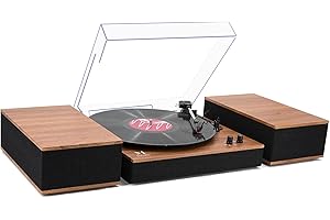 M MUSIC PUBLIC KINGDOM MPK Bluetooth Record Player,Turntable HiFi System with Bookshelf Speakers, 3-Speed Belt-Drive Vinyl Turntable for Vinyl Records with Wireless Playback and Auto-Stop,Yellow Wood