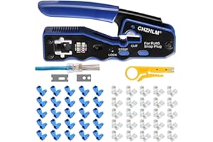 CHZHLM Rj45 Crimp Tool Pass Through Ethernet Crimping Tool kit for 8P Cat5 Cat6 Pass Through Connectors Network Crimp Tool RJ45 Crimper with 50Pcs Covers and 50Pcs Connectors Mini Yellow Stripper