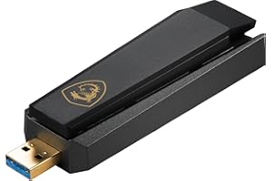 MSI AXE5400 trójpasmowy adapter USB WiFi 6E – WLAN do 5400 Mb/s (6 GHz, 5 GHz, 2,4 GHz bezprzewodowy), USB 3.2 Gen 1 typu A, MU-MIMO, regulowana antena, formowanie wiązki, WPA3 - przewodowy stojak na