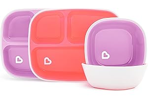 Munchkin Splash 4 Piece Toddler Divided Plate and Bowl Dining Set| Baby Feeding Set with 2 Baby Plates & 2 Baby Bowls| Baby Weaning Set with Dishes| Baby Plate Set 6+ Months, BPA Free - Pink/Purple