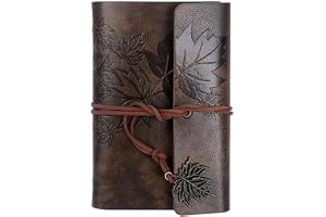 Red Dot Gift® 1 Pack Vintage Retro PU Leather Cover Notebook Journal Diary, Leaf Pattern Spiral Blank String Daily Notepad, Kraft Paper, Retro Pendants, Classic Embossed, Loose Leaf (Dark Brown, A6)