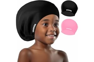YOGINGO 2 Pack Extra Large Swimming Cap for Kids - Long Hair Kids, Girls&Boys with Curly Braids Dreadlocks Silicone 6-14, Keep Dry, Black+Pink