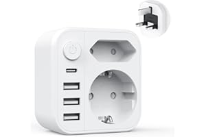 CLOMNPE Adapter podróżny UK Adapter UK wtyczka Niemcy, adapter UK z 3 USB 1 USB C (3,4 A), z 2 gniazdami, adapter do gniazda Anglii, adapter podróżny typu G, do Anglii, Irlandii, Wielkiej Brytanii, Dubaju,
