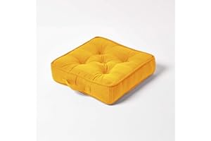 HOMESCAPES Rajput 100% Cotton Floor Cushion Mustard 40 x 40 x 8 cm Square Indoor Garden Dining Chair Booster Seat Pad Cushion