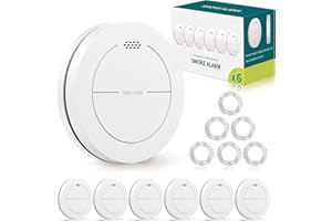 SAFELIVEO Detector de Humo, batería de 10 años, sin LED Intermitente, función de Silencio, con Almohadillas Adhesivas, Sonido de Alarma de 85dB, Alarma de Incendio Plana, 6 Piezas（Autónomo）