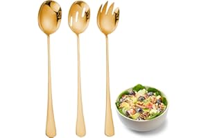 APOMOONS Juego de cucharas para Ensalada,Cuchara de Ensalada Tenedor de Ensalada Juego de cucharas y Tenedores para Ensalada Cubiertos para Servir Ensalada para cocinas restaurantes Fiestas (3 uds Oro) (oro)