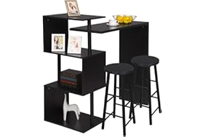 WOLTU Stół barowy z 2 stołkami barowymi, stół bistro z 3 półkami, obrotowy metalowy stół jadalny, MDF, 134x38x112cm, czarny