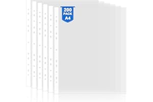 FOSHISY 200 Pcs Punched Pockets A4 Clear 60 Micron Heavy Duty Plastic Wallet Sleeves, Top Opening Poly Pockets for Ring Binder Folders