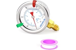 MEANLIN MEASURE 0~100Psi Pressure Gauge 1/8" BSP 1.5" Face Dial, Stainless Steel Liquid Filled Pressure Gauge Lower Mount WOG Water Oil Air (with 2PCS Snaps)