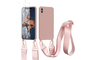 vrupin kompatibel mit iphone X/XS Handykette Hülle,[2 Stück Schutzfolie 9H Härte Gehärtete Folie].Necklace Hülle Nylon Schultergurt Weich Flüssiges Silikon-Lotus Farbe