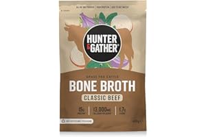 Hunter & Gather Caldo de Hueso de Ternera en Polvo | 15 g de Proteína | Colágeno de Ternera Alimentada con Pasto de Europa | Bebida Salada Instantánea o Refuerzo para Cocinar | Sin Refrigeración | 20