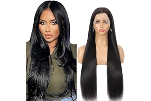 Salharer Parrucca Donna Capelli Veri Umani 13x1 Lace Front Wig Straight Human Hair Wig #1B Natural Black Wig Pre Plucked with Baby Hair 180% Density Hair 14 Pollice