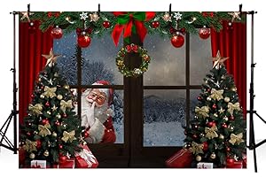 MEHOFOND 7x5ft Christmas Backdrop Xmas Tree Gift Box Santa Claus Garland Window Winter Snow Scene Photography Background Family Festival Decoration Photo Studio Booth Props Supplies