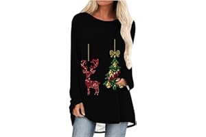 duxyoz Christmas T Shirts Women Plus Size Longline Long Sleeve Tunic Top Ladies Round Neck Blouse Casual Loose Fit Xmas Jumpers Oversized Tshirts Elegant Festival Tops