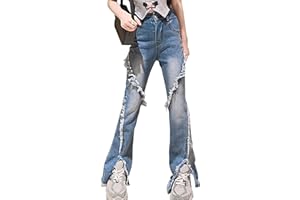 Happy Cherry Girls Flared Jeans Kids Skinny Split Denim Pants Teenager Elasticated Waist Retro Style Jeans Trousers Fashionable Casual Y2K High Waisted Denim 4-16 Years