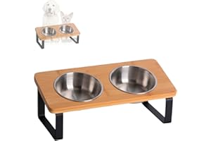 PETLINUS Comedero Gato Elevado e Inclinado 15º Doble - Comedero Elevado Gato o Perros pequeños, Comedero Perro Elevado con Base de bambú y Dos Cuencos de Acero INOX, Capacidad: 2x320ml. (Bambú-INOX)