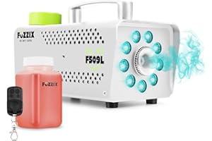 Fuzzix F509LW Party Smoke Machine with Integrated RGB LED Lights, Wireless Remote Control, 500W Fogger and 250ml Fluid for DJ, Disco & Stage Effect Lighting, White