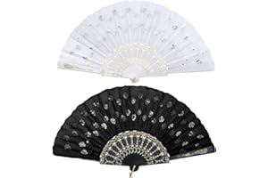 XDANWNG 2 Pieces Peacock Pattern Sequin Fabric Hand Fan Black and White Lace Folding Fan Design Folding Hand Fans for Wall Decoration Gifts Weddings The Dance Floor