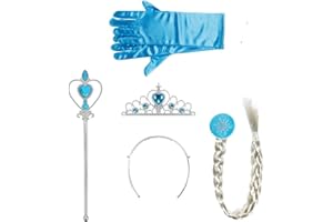 QINSKY Eisprinzessin,Princess Dress-up Zubehör Sett mit Diadem Handschuhe Zauberstab Zopf Ohrringe Prinzessin Verkleiden Sich Accessoires für Mädchen Kinder Cosplay Party Blau