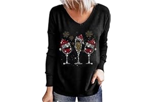 ‎MASRIN Weihnachtsoberteile Damen Lässiger Pullover mit Weinglas Print Tunika Tops mit V Ausschnitt und langen Ärmeln Herbst Langarmshirts Winter Dünnes Leichtes Sweatshirt Lässige Baggy Bluse Strassenmode