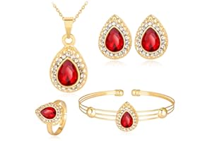 Wedity Bride Wedding Water Drop Crystal Necklace Earrings Bracelet Ring Set Gold Bridal Heart Pendant Choker Necklaces Jewelry for Women and Girls