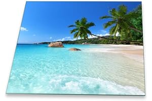 DECORWELT Hob Cover Ceramic Hob Cover Plate Chopping Board 1-Piece 60 x 52 cm Sea Palm Trees Blue Splash Guard Glass Plate Ceramic Hob Cover Protection Stove Protection Safety Glass Chopping Board