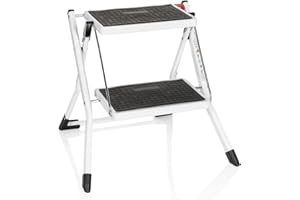 hjh OFFICE 801200 Gradino pieghevole a 2 gradini SOLID W1 Gradino pieghevole in acciaio, portata fino a 150 kg, chiusura di sicurezza pieghevole, maniglia di trasporto, gradino, bianco