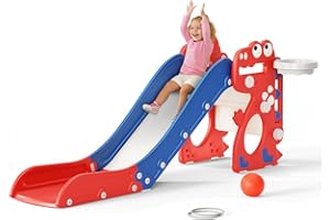 CUPCHID Scivolo per bambini, scivolo pieghevole 3 in 1, con canestro da basket, pallacanestro, lancio dell'anello, per età 18-36 mesi, scivolo extra lungo H650 x L330 x P1520mm (blu-rosso)