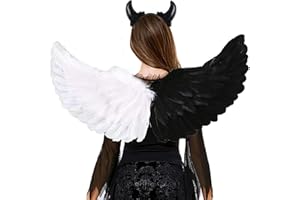 LRXYFYW 60cm Engelsflügel Weiß Schwarz Teufelsohren,Halloween Flügel Schwarz,Teufels Flügel Helloween,Engelsflügel Schwarz,Weiße Flügel Engel,Dunkler Engel Kostüm,Engel und Teufel Flügel Kostüm Damen