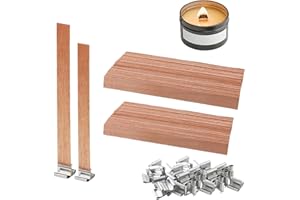MSLSOZ 60 Pcs Wooden Wick Set, 2 Sizes (13mm & 15mm), 60 Iron Stand, Smokeless, Easy to Use, DIY Craft