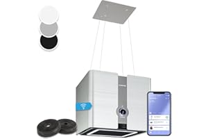Klarstein Futurelight Smart Dunstabzugshaube freihängend - Abzugshaube Umluft mit 420m³/h Abluftleistung, Inselhaube Umluft mit LED-Beleuchtung, Edelstahl, silber