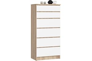 AKORD Cassettiera K60 con 6 Cassetti | Credenza Alta | Moderna Mobiletto per Soggiorno Sala da Pranzo Camera da Letto Corridoio Bagno | Armadio 60x130x40 cm, 43kg | Rovere Sonoma/Bianco