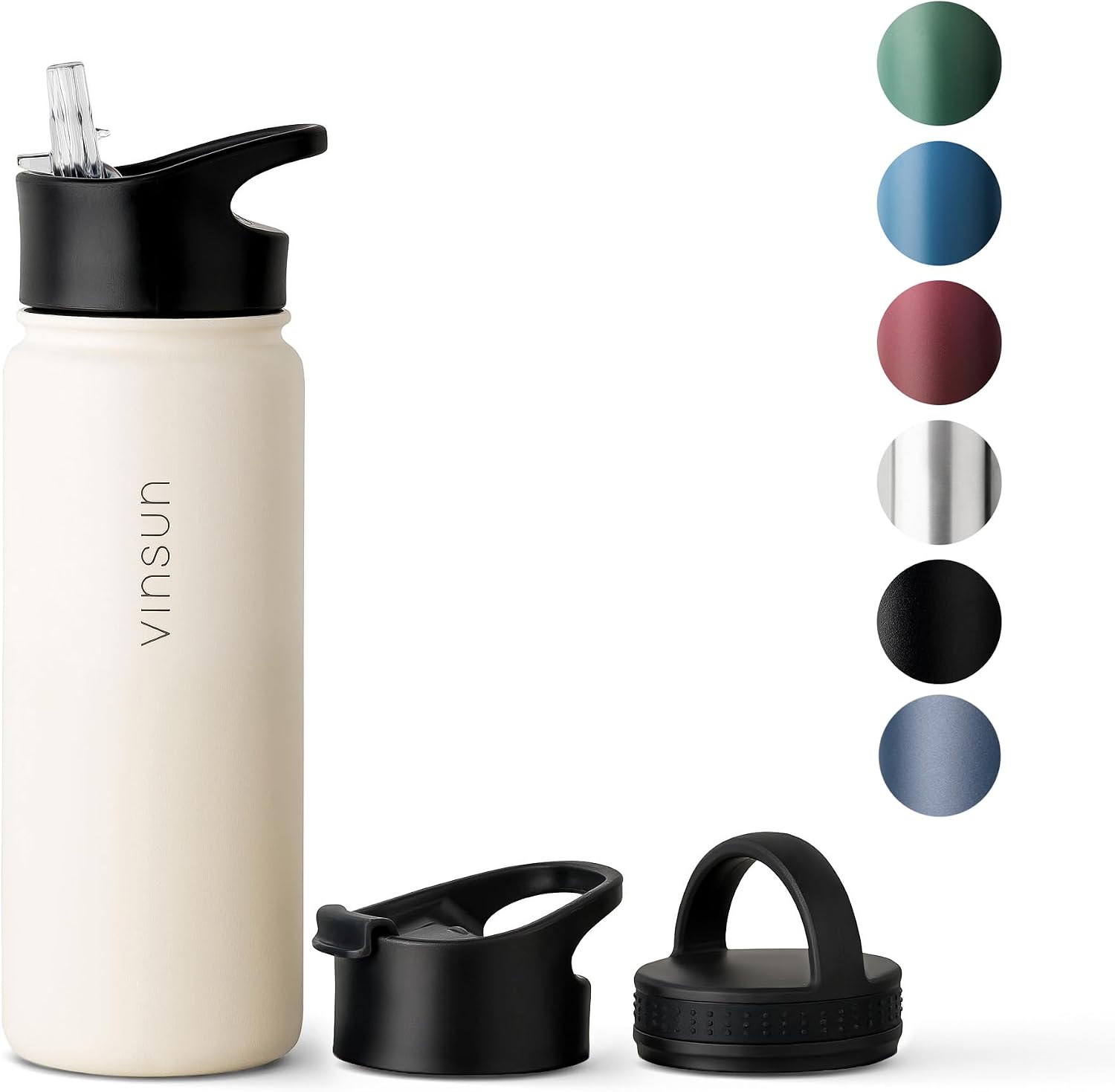 Vinsun Botella Agua Acero Inoxidable 500ml - 3 Tapas - sin Fugas, sin BPA, Reutilizable - Cantimplora Termica para Deporte, Colegio, Gimnasio, Bicicleta, Oficina