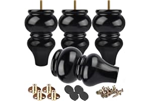 Btowin 8 Inch/20cm Solid Wood Furniture Legs,4Pcs Mid-Century Modern Couch Legs Wooden Bun Feet with Threaded M8 Hanger Bolts&Mounting Plate&Screws for Sofa Cabinet Ottoman Armchair TV Stand,Black