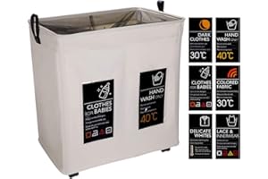 IHOMAGIC Panier à Linge Amovible et Pliable avec 6 étiquettes personnalisé, 2 Compartiments Corbeilles à Linge Sac Linge Laundry Sac de Lavage d’Organizer vêtements 100L dans Chamber buanderie, Beige