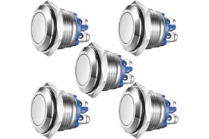 Gebildet 5pcs Pulsador Momentáneo,Terminales de Tipo Tornillo, Botón de Metal de Acero Inoxidable a Prueba de Agua 16mm 2A 12V/24V/125V/250V(Cabeza Plana)