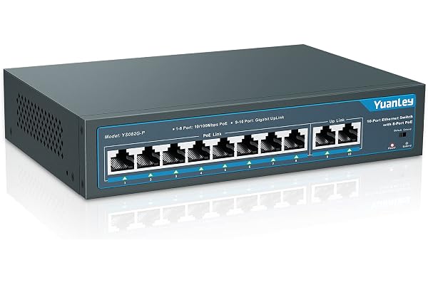 YuanLey 10 Port PoE Switch, 8 PoE+ Port 100Mbps, 2 Uplink Gigabit, 120W 802.3af/at, Étendre la Fonction, Metal Fanless Unmanaged