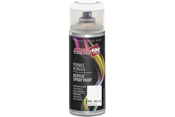 AMBRO-SOL - Pintura acrílica en spray, color Blanco Brillo 1, RAL 9010, resultado profesional en múltiples superficies, exteriores e interiores, 400 ml, El embalaje puede variar