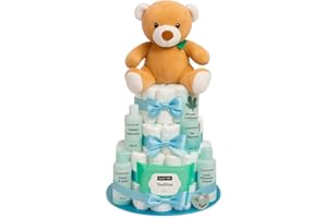 MOMENTOSGOURMET Tarta de Pañales Personalizable Azul Regalo Bebé Recién Nacido Niño Niña Canastilla Bebe Recién Nacido. Chupete Gel Toallitas Loción Crema. Cesta Accesorios Bebe Recien Nacido Regalos Mamás Primerizas