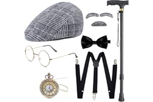 Gionforsy 20er Jahre Herren Kostüm Accessoires Set Gatsby 1920s Mafia Zubehör Set mit Hut Brille Hosenträger Fliege Taschenuhr Stock Bart für Great Gatsby Party Halloween Karneval Fasching