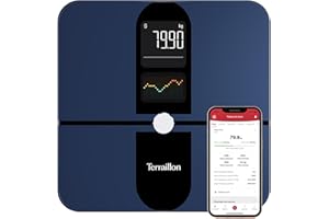 TERRAILLON - COLOR CONNECT - Balance connectée Bluetooth, Fréquence cardiaque, Masses:graisseuse-musculaire-hydrique-osseuse, IMC, Capacité 180 kg, Graduation 50g, Ecran Multi affichage Couleur, Bleu