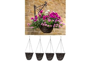 AURAHOME Garden Haven® 14" Garden Rattan Round Hanging Basket SET OF 4 Outdoor Hanging Planter Plants Wicker Hanging Basket with hanging chain Natural Weave Rustic 35cm diameter x 17cm deep with plastic liner